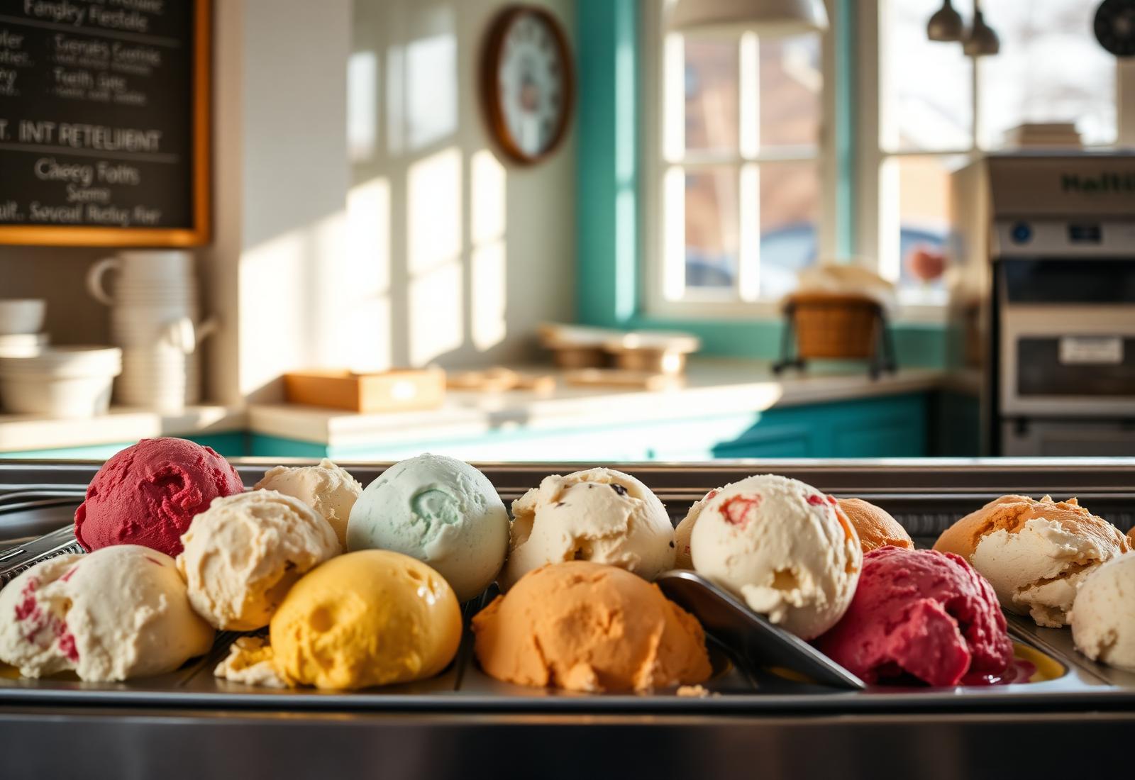 Vitrina con bochas de helado artesanal en el local de Río Helados