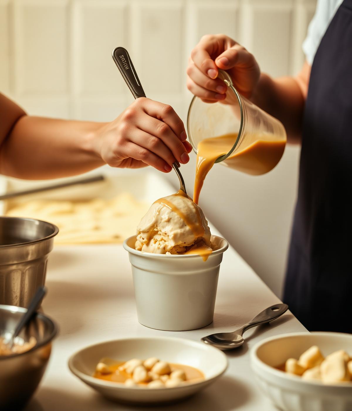 Manos elaborando helado artesanal en la cocina, con dulce de leche siendo vertido sobre una bocha